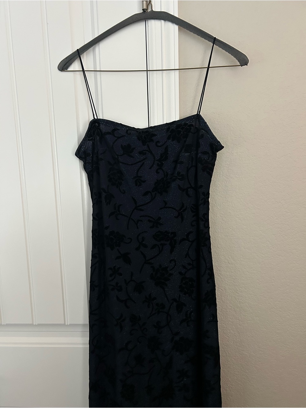 Dark Blue and Black Midi Dress with Floral Burnout Detail